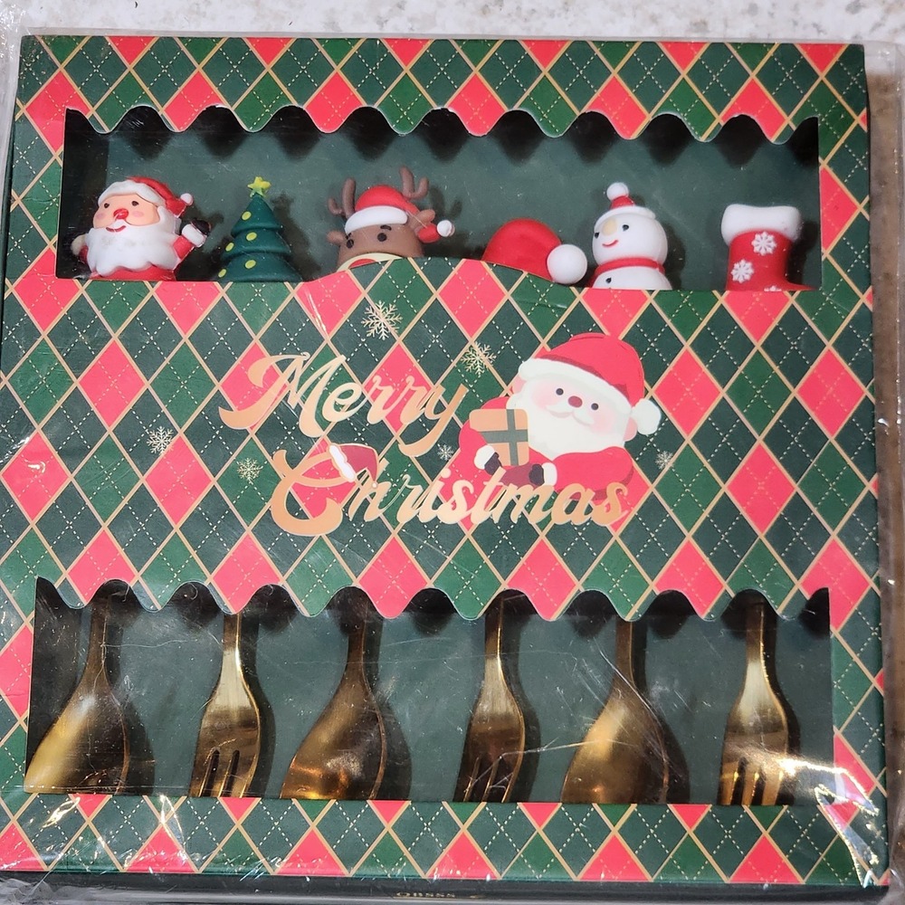 Christmas Serving Ware Gift Set Gold Tone Santa Tree Snowman +Tid bit Forks Spoo